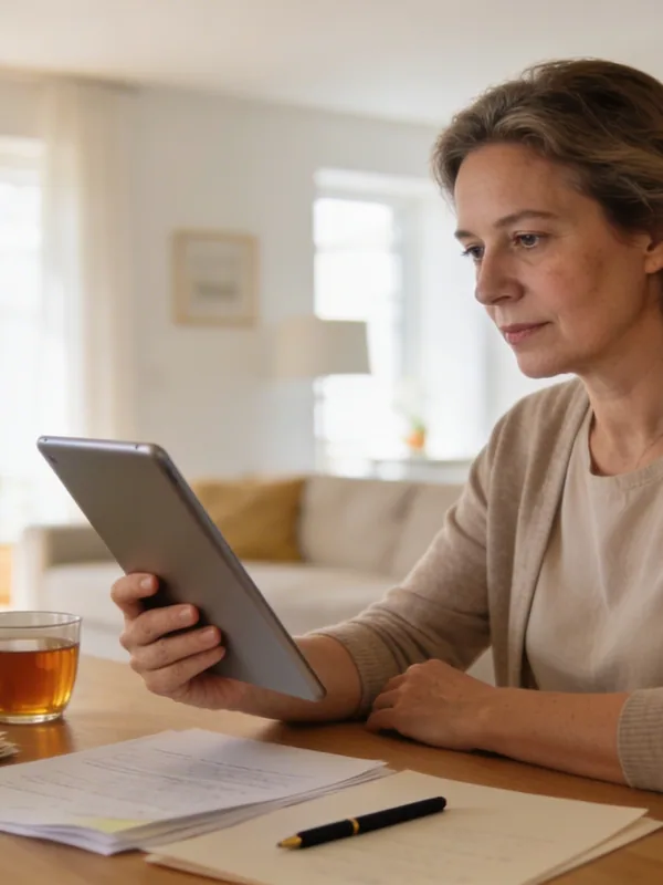 Eine Frau am Tisch mit Papieren und Tablet